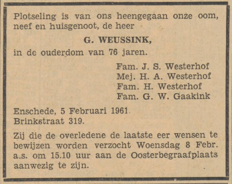 Brinkstraat 319 G. Weussink overlijdensadvertentie Tubantia 6-2-1961.jpg