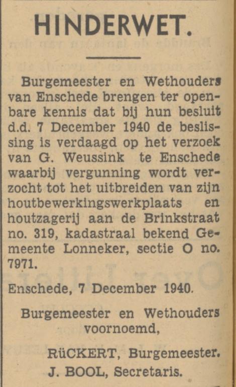 Brinkstraat 319 houtzagerij G. Weussink hinderwetvergunning Tubantia 7-12-1940.jpg