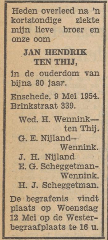 Brinkstraat 339 J.H. ten Thij overlijdensadvertentie Tubantia 10-5-1954.jpg