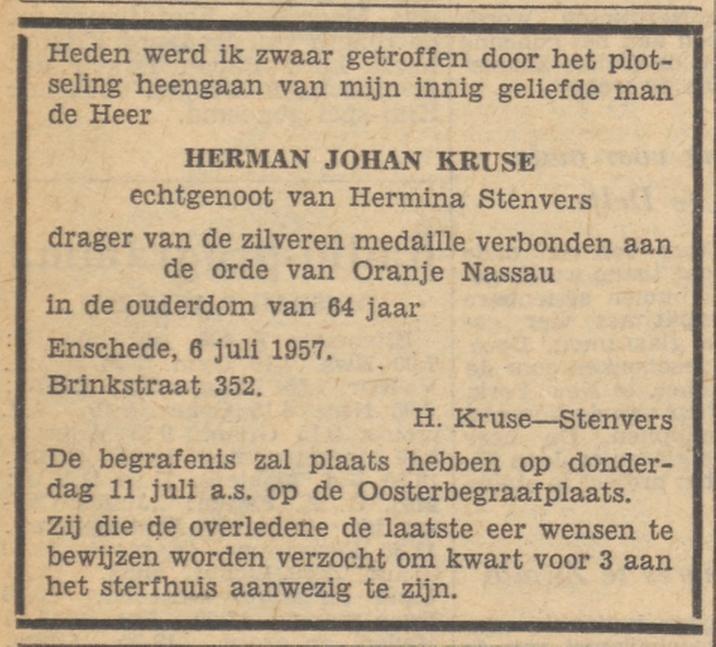 Brinkstraat 352 H.J. Kruse overlijdensadvertentie Tubantia 8-7-1957.jpg