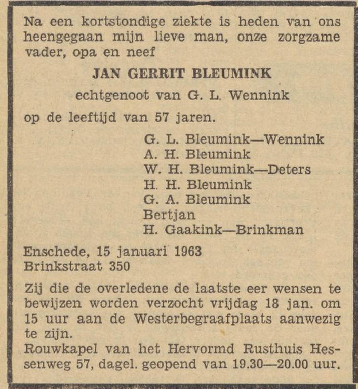 Brinkstraat 350 J.G. Bleumink overlijdensadvertentie Tubantia 16-1-1963.jpg