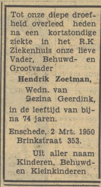 Brinkstraat 353 Hendrik Zoertman overlijdensadvertentie Tubantia 4-3-1953.jpg