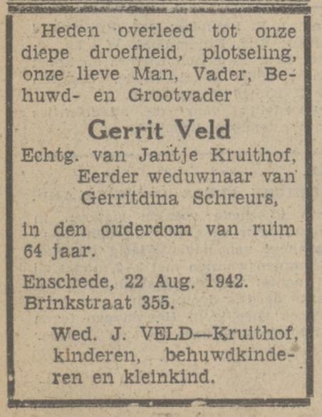 Brinkstraat 355 Gerrit Veld overlijdensadvertentie Tubantia 24-8-1942.jpg