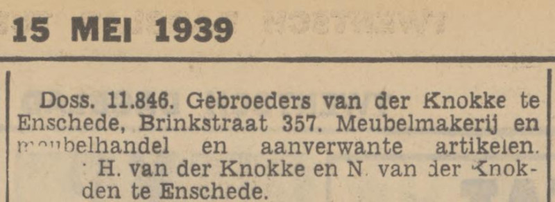 Brinkstraat 357 Gebr. van der Knokke krantenbericht Tubantia 15-5-1939.jpg