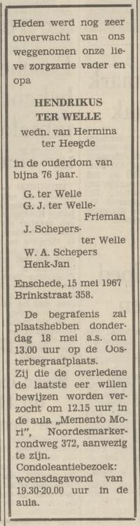 Brinkstraat 358 Hendrikus ter Welle overlijdensadvertentie Tubantia 16-5-1967.jpg