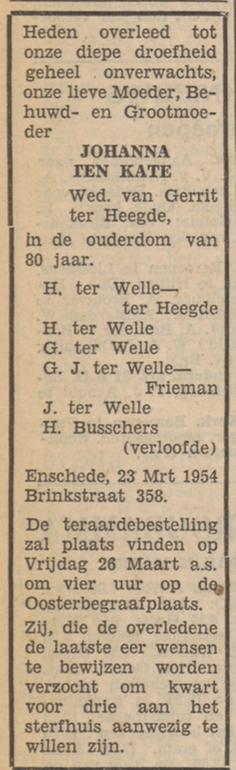 Brinkstraat 358 Wed. Johanna ter Heegde-ten Kate overlijdensadvertentie Tubantia 24-3-1954.jpg