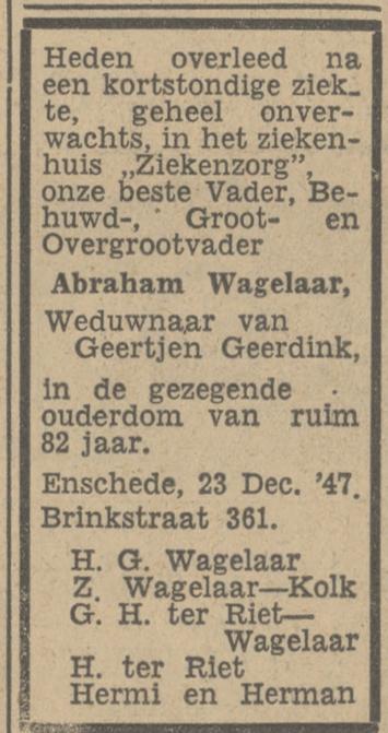 Brinkstraat 361 Abraham Wagelaar overlijdensadvertentie Tubantia 24-12-1947.jpg