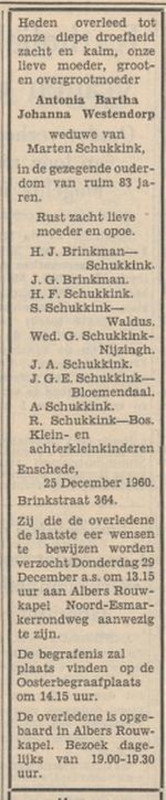 Brinkstraat 364 Wed. A.B.J. Schukkinkj-Westendorp overlijdensadvertentie Tubantia 27-12-1960.jpg