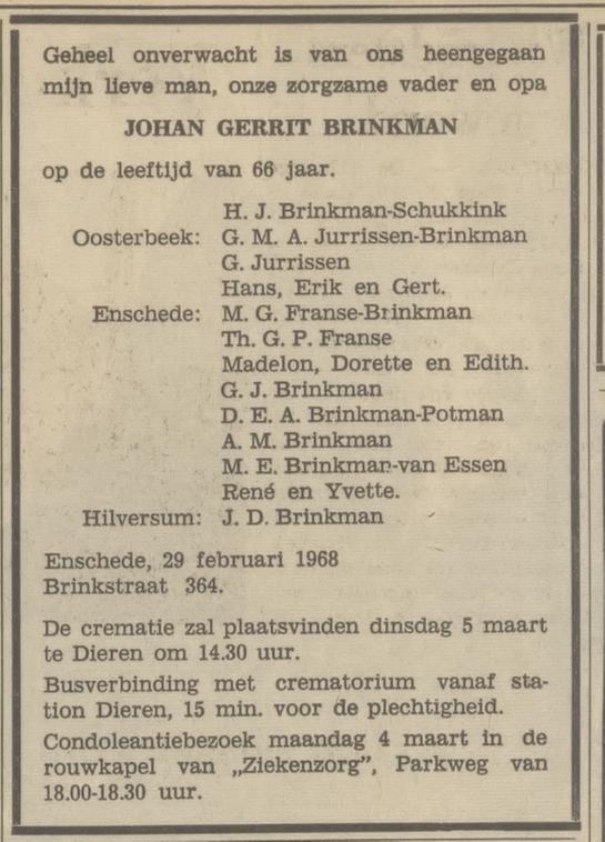 Brinkstraat 364 J.G. Brinkman overlijdensadvertentie Tubantia 1-3-1968.jpg