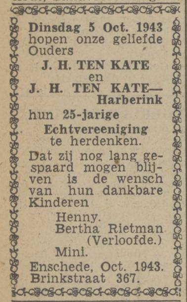 Brinkstraat 367 J.H. ten Kate advertentie Twentsch nieuwsblad 2-10-1943.jpg