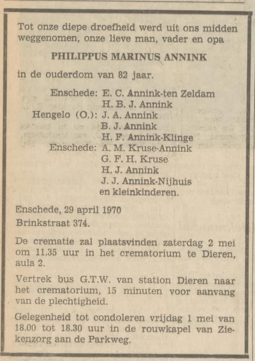 Brinkstraat 374 Ph.M. Annink overlijdensadvertentie Tubantia 30-4-1970.jpg