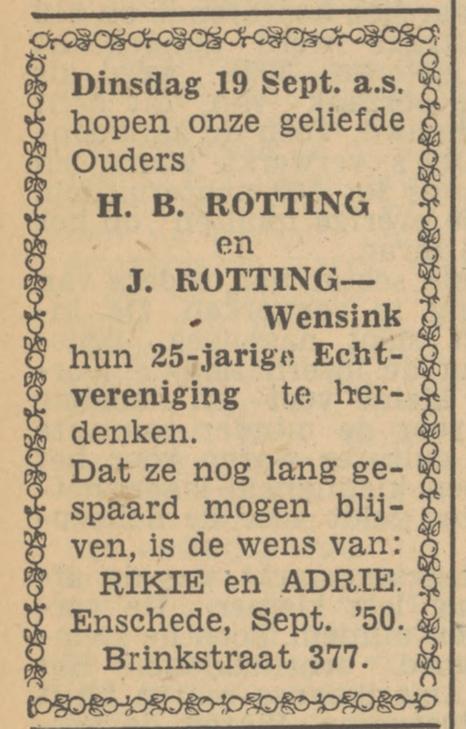 Brinkstraat 377 H.B. Rotting advertentie Tubantia 15-9-1950.jpg