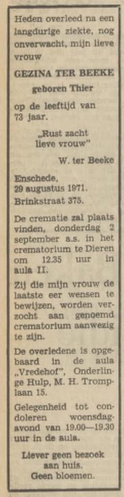 Brinkstraat 375 Gezina ter Beeke-Thier overlijdensadvertentie Tubantia 31-8-1971.jpg