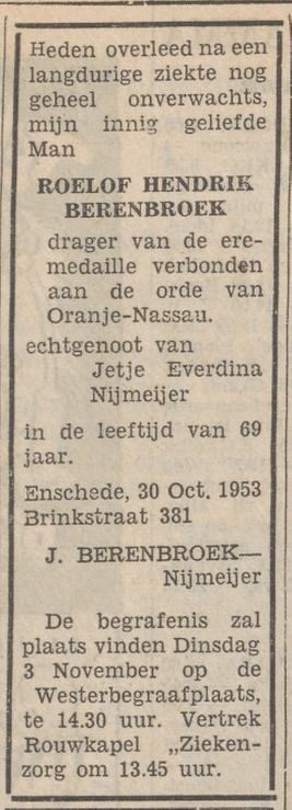 Brinkstraat 381 R.H. Berenbroek overlijdensadvertentie Tubantia 31-10-1953.jpg