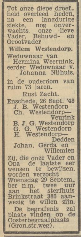 Brinkstraat 386 Willem Westendorp overlijdensadvertentie Tubantia 27-9-1948.jpg