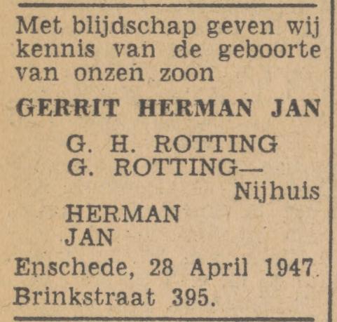 Brinkstraat 395 G.H. Rotting advertentie Tubantia 30-4-1947.jpg