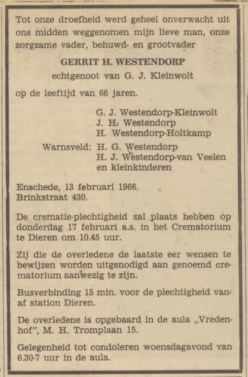 Brinkstraat 430 G.H. Westendorp overlijdensadvertentie Tubantia 14-2-1966.jpg