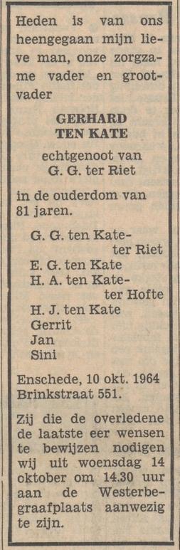 Brinkstraat 551 Gerhard ten Kate overlijdensadvertentie Tubantia 12-10-1964.jpg
