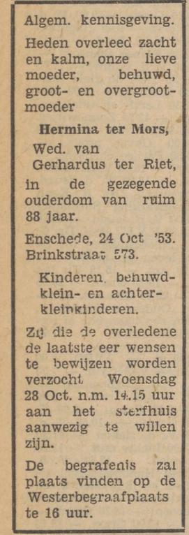 Brinkstraat 573 Wed. Hermina ter Riet-ter Mors overlijdensadvertentie Tubantia 26-10-1953.jpg