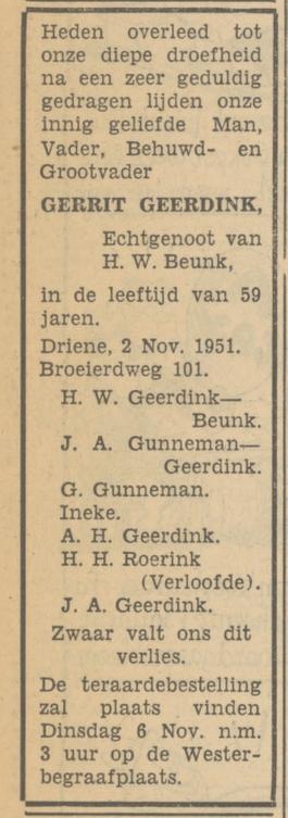 Broeierdweg 101 G. Geerdink overlijdensadvertentie Tubantia 3-11-1951.jpg
