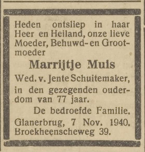 broekheenseweg 39 Wed. M. Schuitemaker-Muis overlijdensadvertentie 12-11-1940.jpg