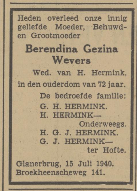 Broekheenseweg 141 Wed. B.G. Hermink-Wevers overlijdensadvertentie Tubantia 15-7-1940.jpg