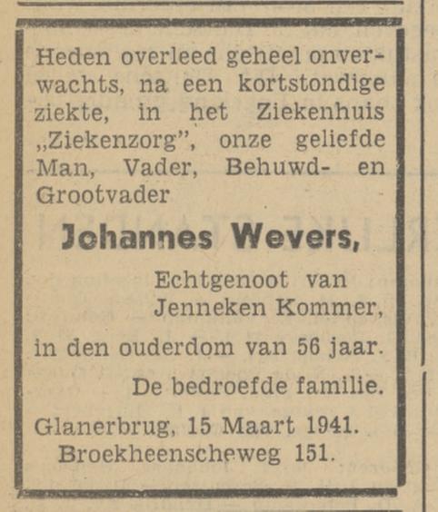 Broekheenseweg 151 Johannes Wevers overlijdensadvertentie Tubantia 17-3-1941.jpg