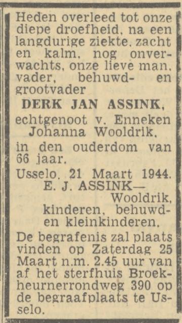 Broekheurnerrondweg 390 D.J. Assink overlijdensadvertentie Twentsch nieuwsblad 23-3-1944.jpg