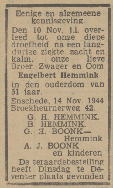 Broekheurnerweg 42 Engelbert Hemmink overlijdensadvertentie Twentsch nieuwsblad 17-11-1944.jpg