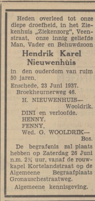Broekheurnerweg 40 Hendrik Karel Nieuwenhuis overlijdensadvertentie Tubantia 24-6-1937.jpg