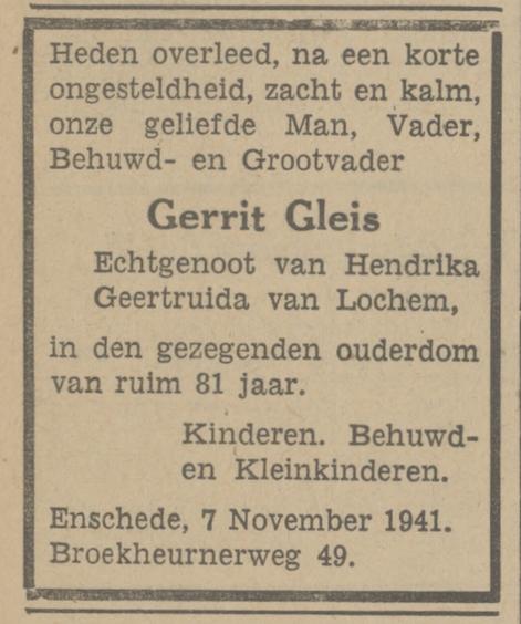 Broekheurnerweg 49 Gerrit Gleis overlijdensadvertentie Tubantia 8-11-1941.jpg