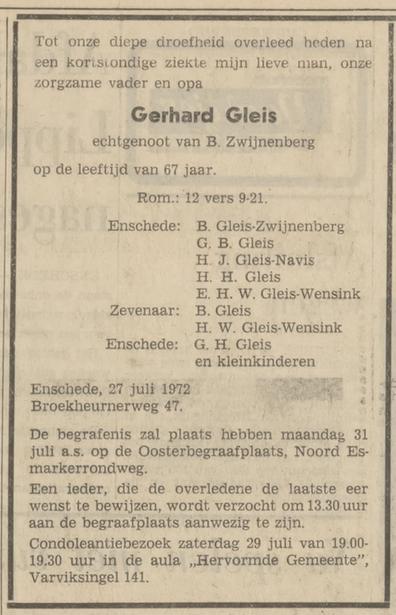 Broekheurnerweg 47 Gerhard Gleis overlijdensadvertentie Tubantia 28-7-1972.jpg
