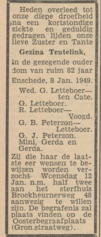 Broekheurnerweg 48 Gezina Teutelink overlijdensadvertentie Tubantia 10-1-1949.jpg