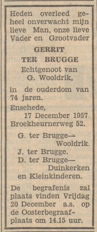 Broekheurnerweg 52 Gerrit ter Brugge overlijdensadvertentie Tubantia 18-12-1957.jpg