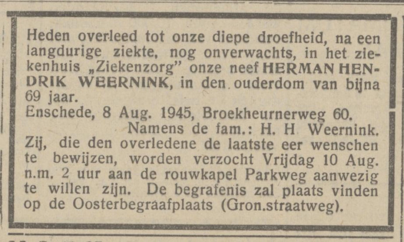 Broekheurnerweg 60 H.H. Weernink overlijdensadvertentie Het Parool 9-8-1945.jpg