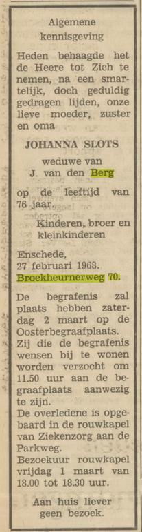 Broekheurnerweg 70 J. van den Berg-Slots overlijdensadvertentie Tubantia 29-2-1968.jpg
