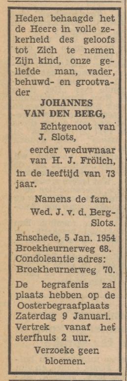 Broekheurnerweg 68 Johannes van den Berg overlijdensadvertentie Tubantia 6-1-1954.jpg