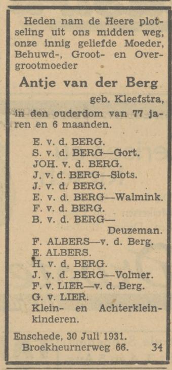 Broekheurnerweg 66 Antje van den Berg overlijdensadvertentie Tubantia 30-7-1931.jpg