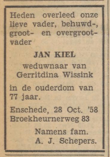 Broekheurnerweg 83 Jan Kiel overlijdensadvertentie Tubantia 30-10-1958.jpg
