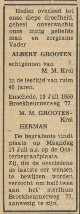 Broekheurnerweg 77 Albert Grooten overlijdensadvertentie Tubantia 141-7-1950.jpg