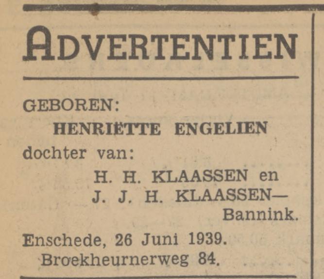 Broekheurnerweg 84 H.H. Klaasen advertentie Tubantia 27-6-1939.jpg