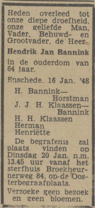 Broekheurnerweg 84 H.J. Bannink overlijdensadvertentie Tubantia 17-1-1948.jpg
