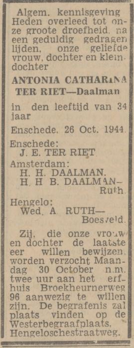 Broekheurnerweg 96 A.C. ter Riet-Daalman overlijdensadvertentie Twentsch nieuwsblad 28-10-1944.jpg