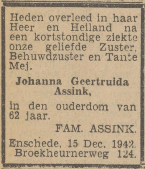 Broekheurnerweg 124 J.G. Assink overlijdensadvertentie Twentsch nieuwsblad 16-12-1942.jpg