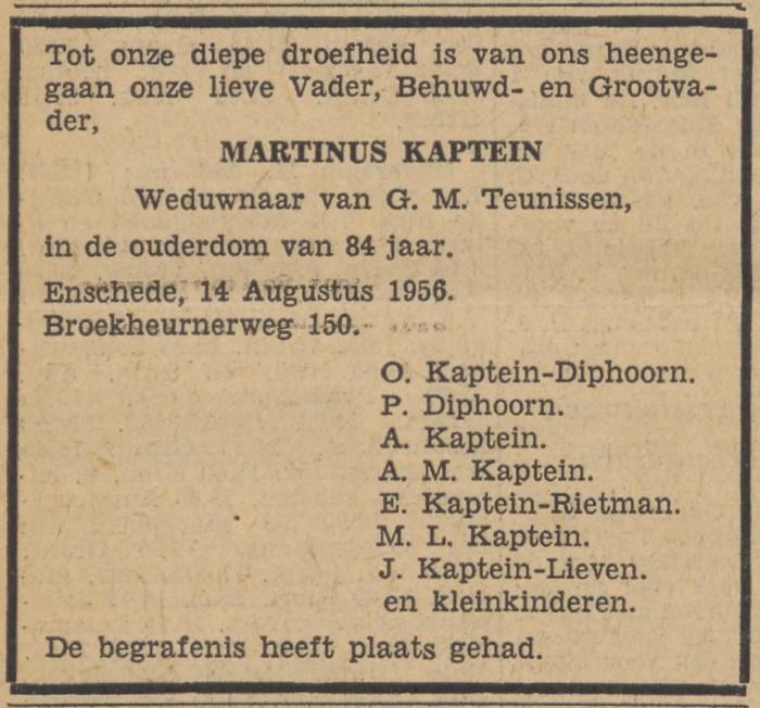 Broekheurnerweg 150 Martinus Kaptein overlijdensadvertentie Tubantia 17-8-1956.jpg