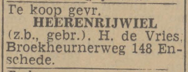 Broekheurnerweg 148 H. de Vries advertentie Twentsch nieuwsblad 21-10-1943.jpg