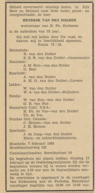 Broekheurnerweg 142 Hendrik van den Dolder overlijdensadvertentie Tubantia 8-2-1963.jpg