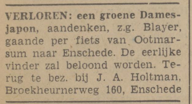 Broekheurnerweg 160 J.A. Holtman advertentie Tubantia 5-5-1941.jpg