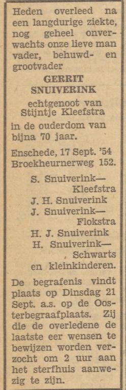 Broekheurnerweg 152 Gerrrit Snuiverink overlijdensadvertentie Tubantia 20-9-1954.jpg