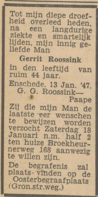 Broekheurnerweg 168 Gerrit Roossink overlijdensadvertentie Tubantia 15-1-1947.jpg